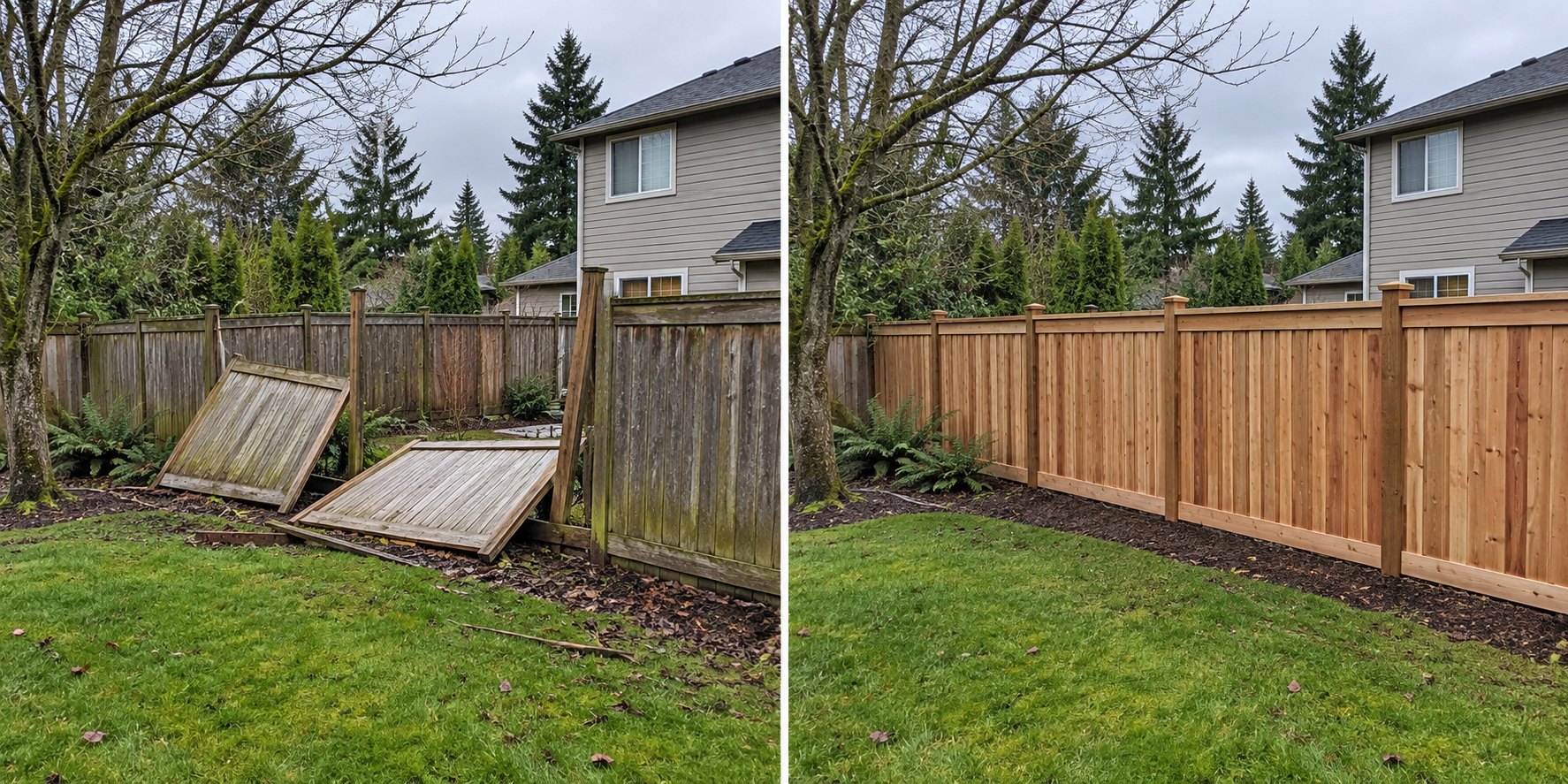 Illustrative before and after of a storm-damaged wooden fence repaired with new cedar panels