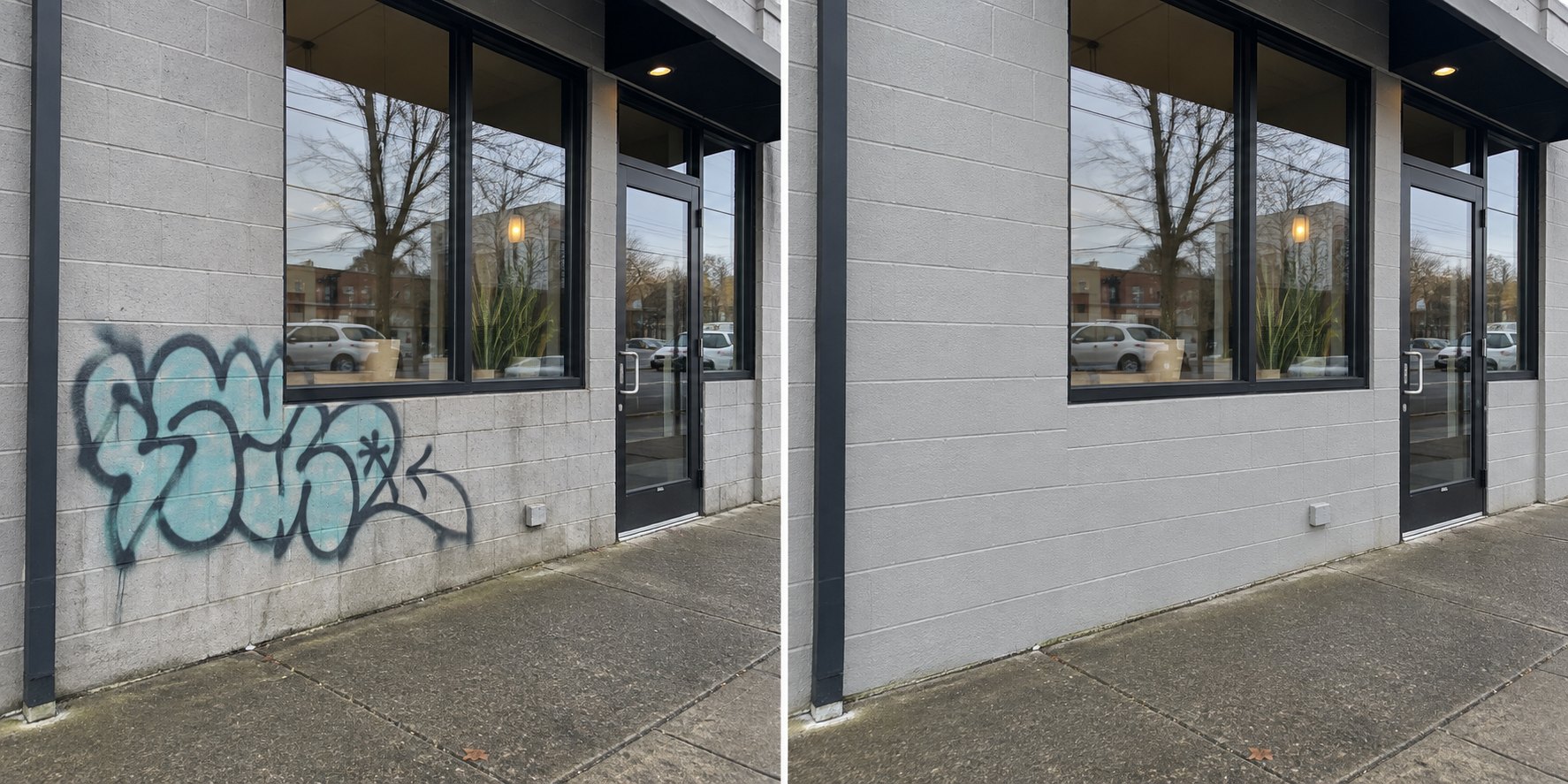 Illustrative before and after of graffiti removed from a commercial storefront wall