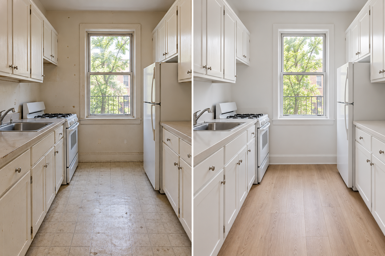 Illustrative before and after of an apartment kitchen refresh