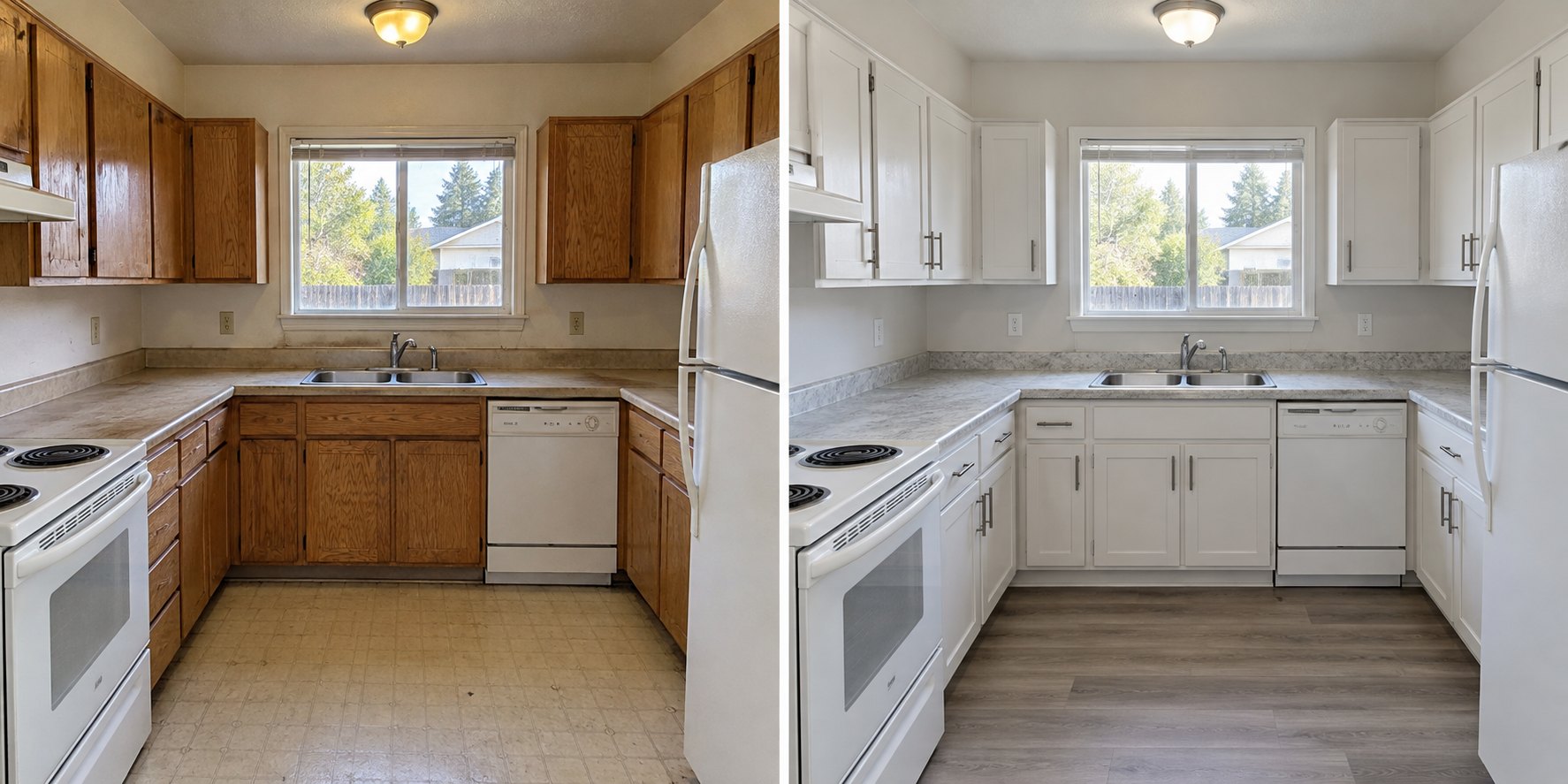 Illustrative before and after of a dated kitchen refreshed with new countertops, cabinet paint, and flooring